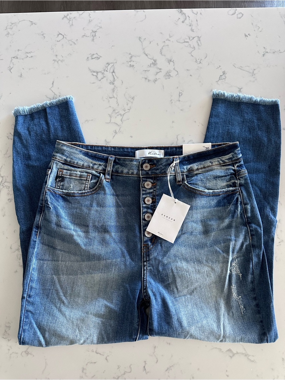 KanCan High-Rise Button-Fly Distressed Blue Jeans